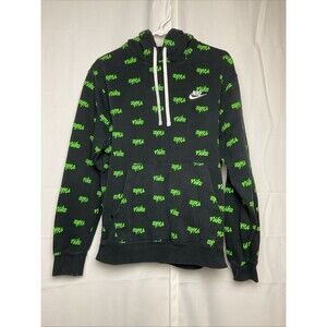 Nike Pullover Hoodie Mens Small Black Green All Over Logo Print Drawstring READ